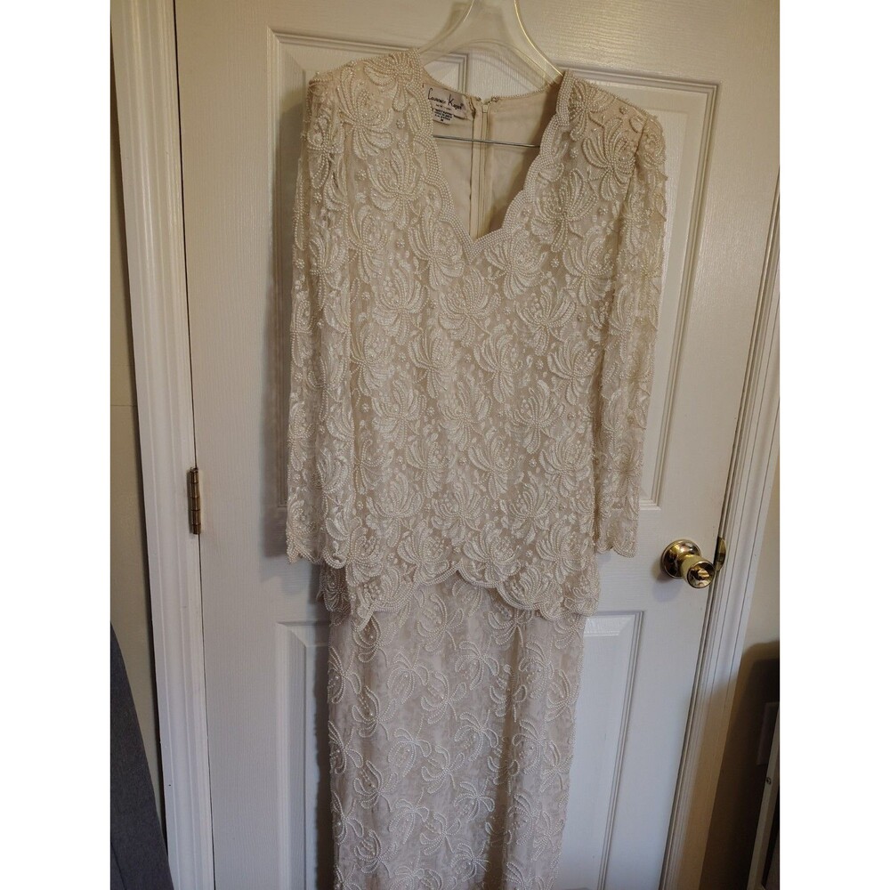 Vintage Laurence Kazar New York Ivory Beaded 2-Piece Rayon Dress Set Size M